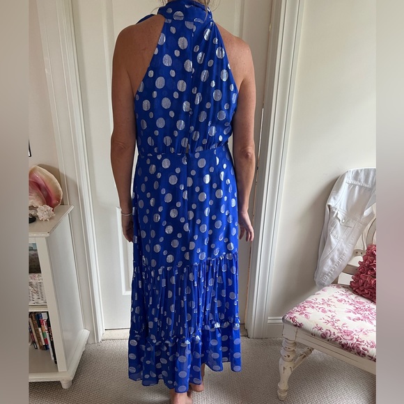 RIXO Eleanor Lame Blue and Silver Polka Dot Sleeveless Dress - Picture 4 of 7